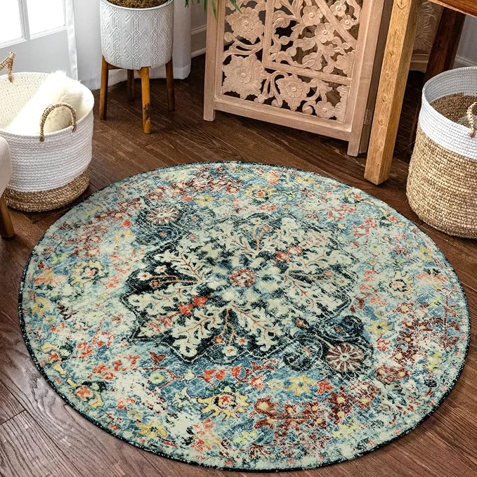 Lahome Reine Bohemian Floral Medallion Round Rug - 3Ft Small Bedroom Round Area Rug Soft Bathroom Circle Mat, Teal Vintage Non Slip Machine Washable Entryway Carpet for Nursery Kitchen Family Room