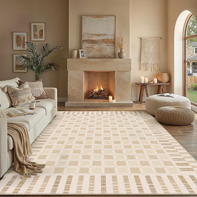 Beige 8x10 Washable Area Rug Living Room Large Non Slip Carpet | Soft, Low Pile, Modern, Pet Friendly, Indoor Rugs for Bedroom, Office, Nursery, Dining Room, Kids Room