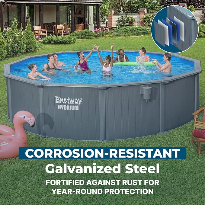 Bestway Hydrium 18' x 52" Steel Side Wall Above Ground Pool with Pump | Semi-Permanent All-Season Pool, Galvanized Steel Frame - Sand Filter Pump, Ladder, and Polysphere Filtration Balls Included