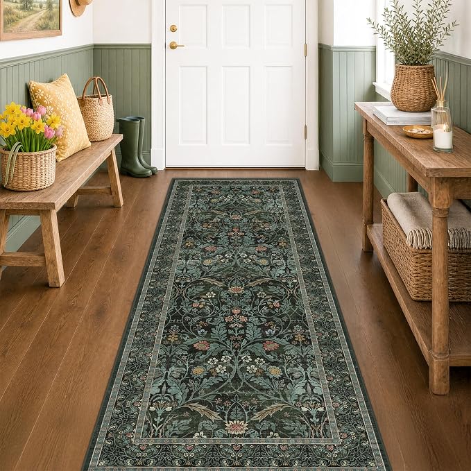 Washable 2'6"x8' Entryway Runner Rugs Non Skid, 8ft Long Hallway Runner Rug, Non Slip Wide Carpet Runners for Kitchen, Bathroom, Dark Green Low Pile Soft Vintage Dark Floral Floor Decor (Dusty Teal)