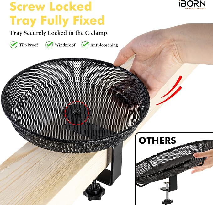 iBorn Deck Bird Feeders for Outdoors,Platform Bird Seed Tray with 5.5 lbs Capacity,Balcony Porch Railing Bird Feeder, Drainage Mesh Holes,Tilt-Proof, Windproof, Anti-Loosen, Easy to Refill&Clean,Black