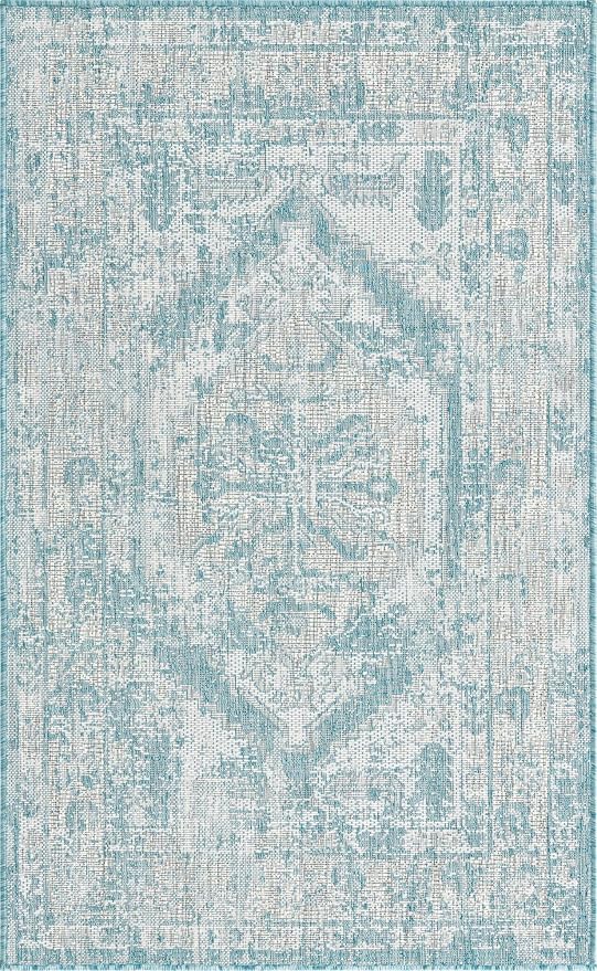 Unique Loom Outdoor Traditional Collection Area Rug - Valeria (3' 3" x 5' 3" Rectangle, Aqua/ Ivory)