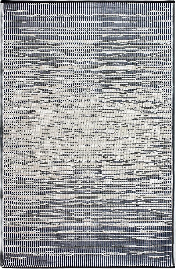 Fab Habitat Outdoor Rug - Waterproof, Fade Resistant, Crease-Free - Premium Recycled Plastic - Distressed Abstract Stripes - Large Patio, Deck, Sunroom, Camping, RV - Brooklyn - Blue - 6 x 9 ft