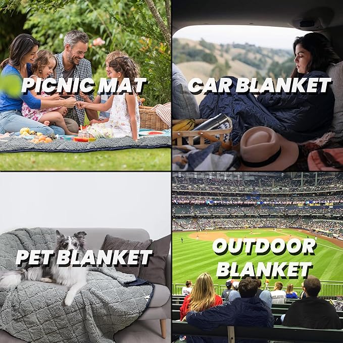 Waterproof Outdoor Blanket 92"x60" Large Sherpa Fleece 300GSM Navy | Stadium Blankets for Camping, Packable, Windproof Emergency Throw for Grass Picnic Hiking Road Trip, Machine Washable