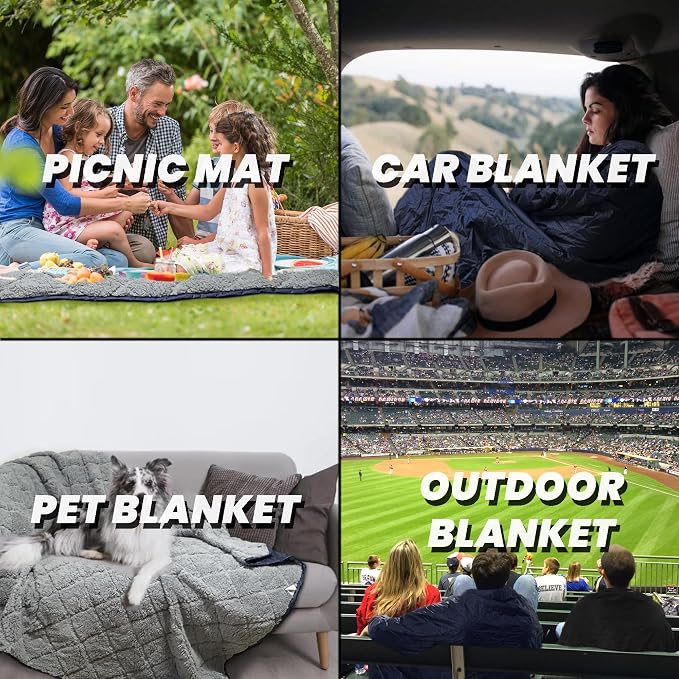 Waterproof Outdoor Blanket 62"x51" Sherpa Fleece 300GSM Black | Stadium Blankets for Camping, Packable, Windproof Emergency Throw for Grass Picnic Hiking Road Trip, Machine Washable