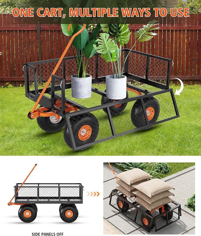 Garvee Steel Garden Cart, 900 LBS Capacity Utility Outdoor Wagon, Heavy Duty Mesh Garden Metal Wagon with Removable Sides and 10" Tires for Yard, Lawn, Garden