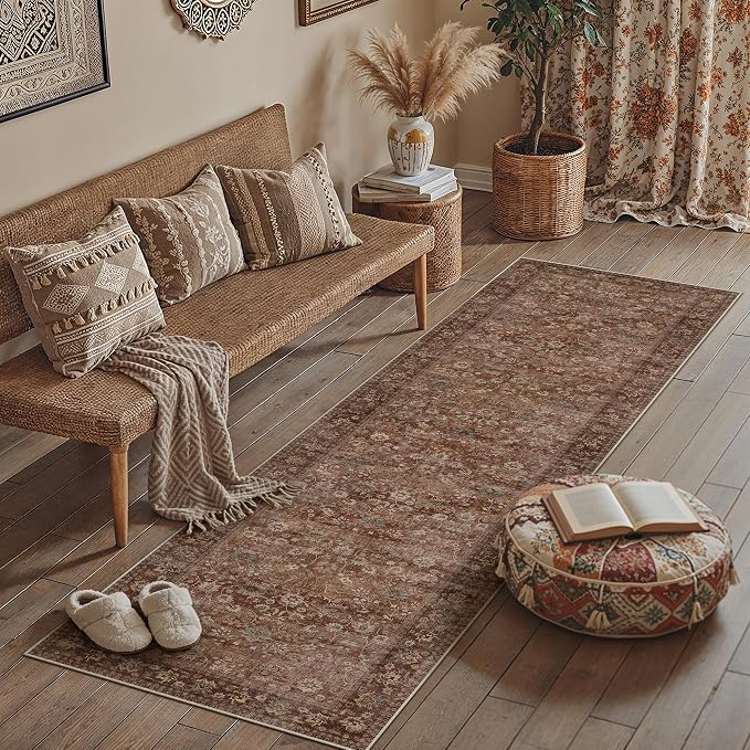 HUGEAR 2x10 Runner Rug Machine Washable Brick Red Hallway Area Rug Indoor Accent Rugs Floral Low Pile Carpet Soft Throw Rugs Bedroom Living Room Office Dining Kitchen Laundry Non Slip