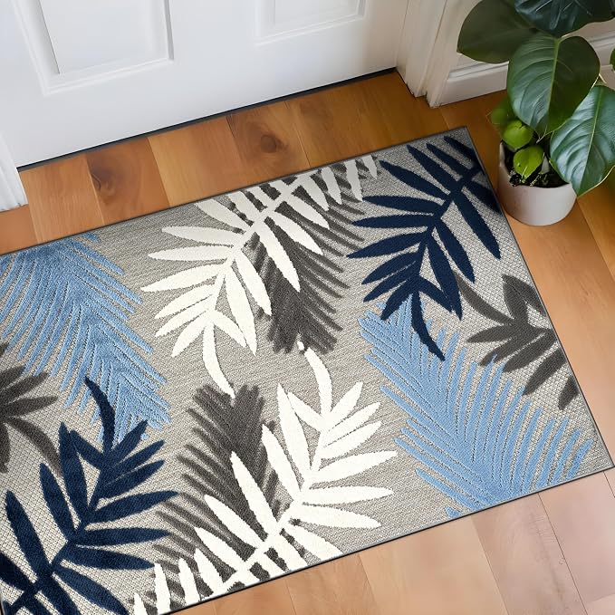Rugshop Blue Palm Frond Indoor/Outdoor Accent Rug Easy Cleaning for Entryway, Kitchen and Mudroom, 2' x 3'