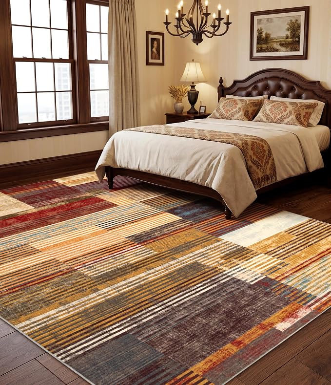 Brown Area Rug 8x10, Farmhouse Rugs Washable,Vintage Burgundy Carpets for Bedroom,Burnt Orange Area Rug Non Slip,Geometric Boho Rug for Kitchen,Dining Room
