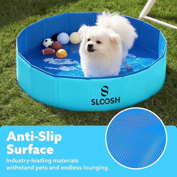 Sloosh Foldable Dog Kiddie Pool - Portable Hard Plastic Doggie Swimming Pool, Anti-Slip Collapsible Pets Bath Tub Suitable for Kids Indoor Outdoor Backyard Use (Blue, 32" x 8")