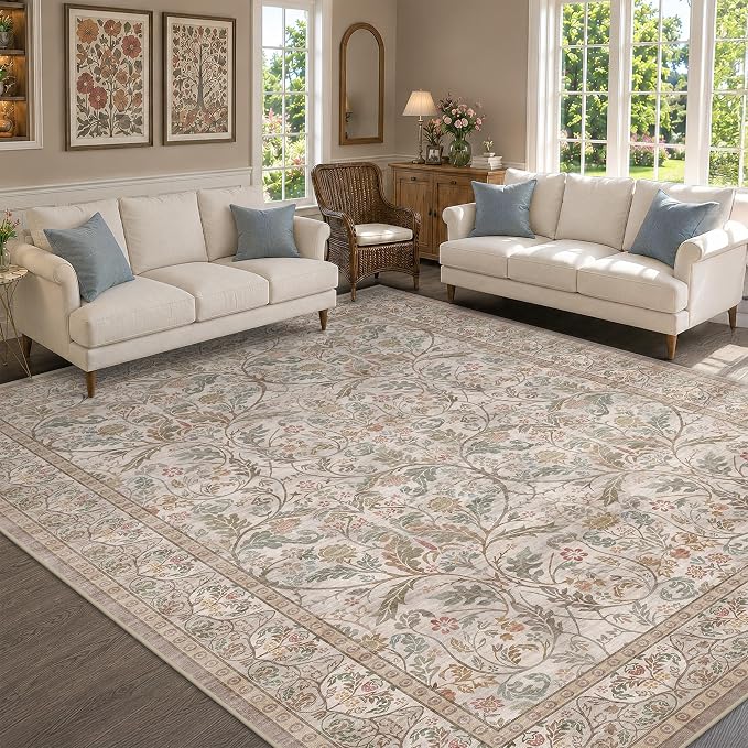 Vintage Moss Green Floral Living Room Area Rug 8x10, Washable Non Slip Neutral Taupe Rug for Bedroom, Low-Pile Large Stain Resistant Carpet for Dining Room