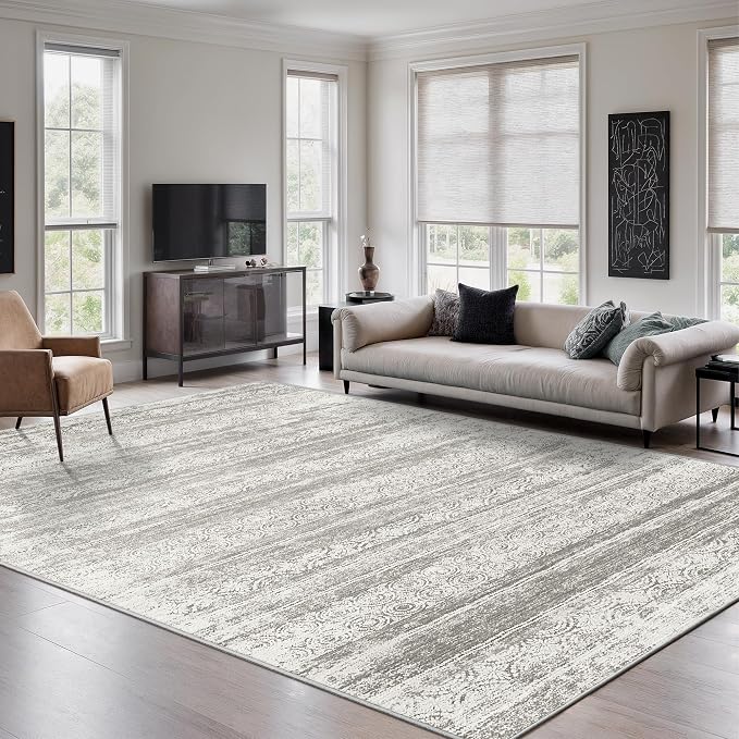 Miukiki 5x7 Washable Area Rug for Living Room, Soft Non Slip Rug Grey | Non-Slip Thin Throw Rug for Bedroom Kitchern Dining Room Office, Low Pile Indoor Floor Carpet with Vintage Pattern 5'x7'