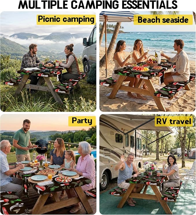Fitted Picnic Table Cover with Bench Covers Vinyl Waterproof Elastic Edges Fitted Rectangle Table Cloth Patio Tablecloth Camping Essentials Rv Gear Accessories Road Trip Supplies Car Travel Must Have