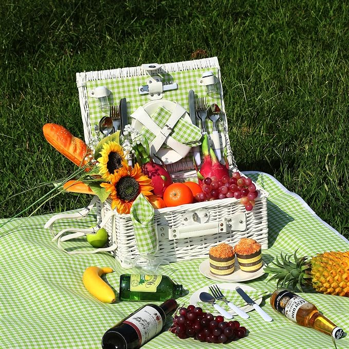 Picnic Basket Set for 4 with Waterproof Blanket Mat Insulation Bag Wicker White Green Plaid Classic Fresh Gift for Christmas Thanksgiving Wedding Birthday Camp Outdoor Beach Travel
