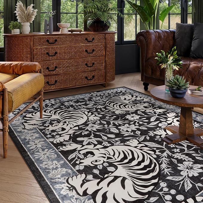 LIVEBOX Tiger Washable Rugs for Living Room, 8x10 Boho Bedroom Rug Non-Slip Jungle Floral Area Rug, Soft Stain Resistant Vintage Western Animal Floor Carpet for Dining Room Home Office Dorm (Black)