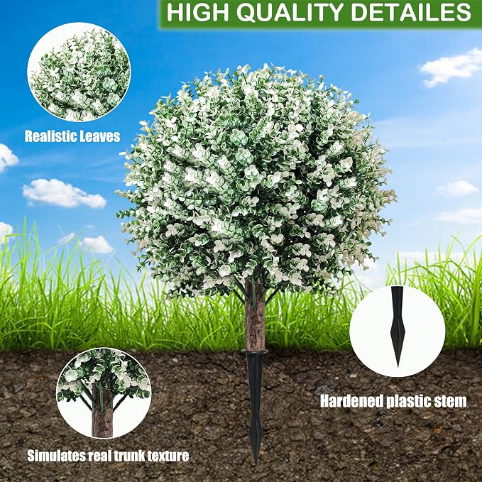 THKFUL 2PCS Artificial Boxwood Topiary Ball Tree, 24" Artificial Plants Outdoor with Spike, UV Resistant Eucalyptus Gazing Balls Fake Bushes Shrubs with Spike for 4th of July Garden Patio Office Home