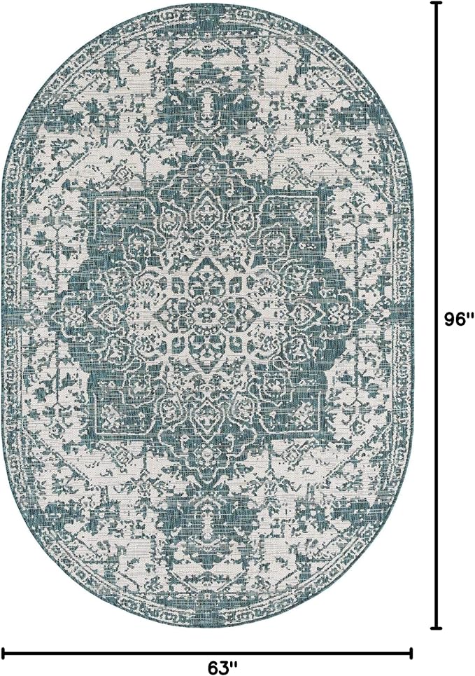 Unique Loom Jill Zarin Outdoor Collection Area Rug - Dubai (5' 3' x 8' Oval, Teal/ Ivory)