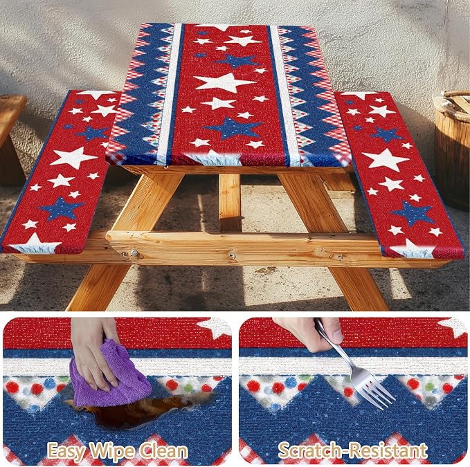 Picnic Table Cover with Bench Covers Elastic Edges, Outdoor Patio Camping Essentials 72 Inch 3PCS, Waterproof Camping Fitted Tablecloth with Handbags (Red White Blue Star Stripe)
