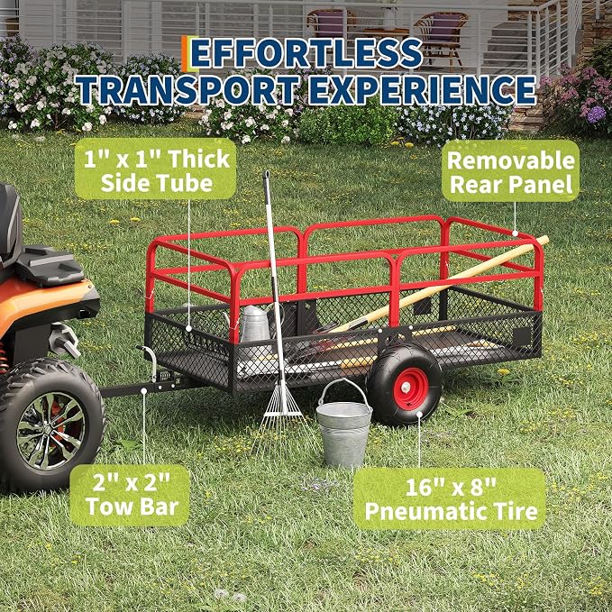 PeakPursuit Tow Behind Steel Dump Cart, Heavy Duty Yard Garden Trailer with Removable Sides & All Terrain Tires, Fits Lawn Mower, Tractor, Garden Cart, 1600 lbs 22 Cubic Feet, Red