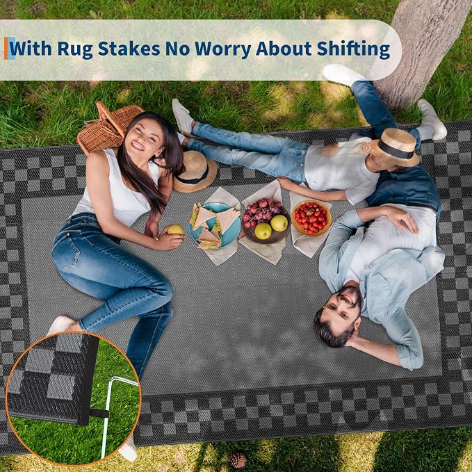 Waterproof Plastic Straw Outdoor Rug 9x18 Patio Reversible UV Resistant Foldable Camping Carpet Modern Geometric Outdoor Rugs for Deck, Picnic, Porch, Camper, Balcony, Beach，Black/Grey