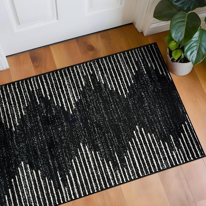 Rugshop Bohemian Stripe Stain Resistant Area Rug Black 2'7" x 4' | High Traffic, Rectangular, Size 2'7" x 4', Living Room, Bedroom, Dining Room, Home Office, Kitchen, Entryway, Hallway