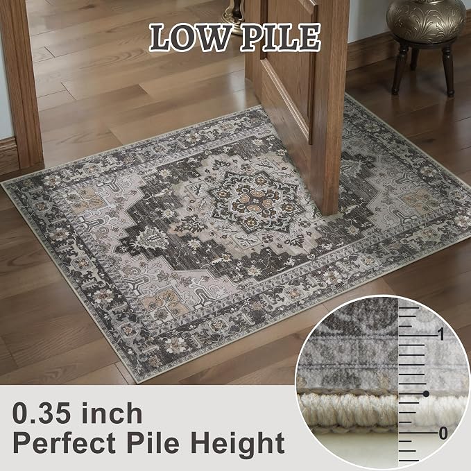 Tangsoo Vintage 4x6 Washable Area Rug for Living Room, Non Slip Rug Grey | Farmhouse Machine Washable Large Rug Carpet, Boho Soft Low Pile Foldable Indoor 4x6 Rug for Dining Room Bedroom Home Decor