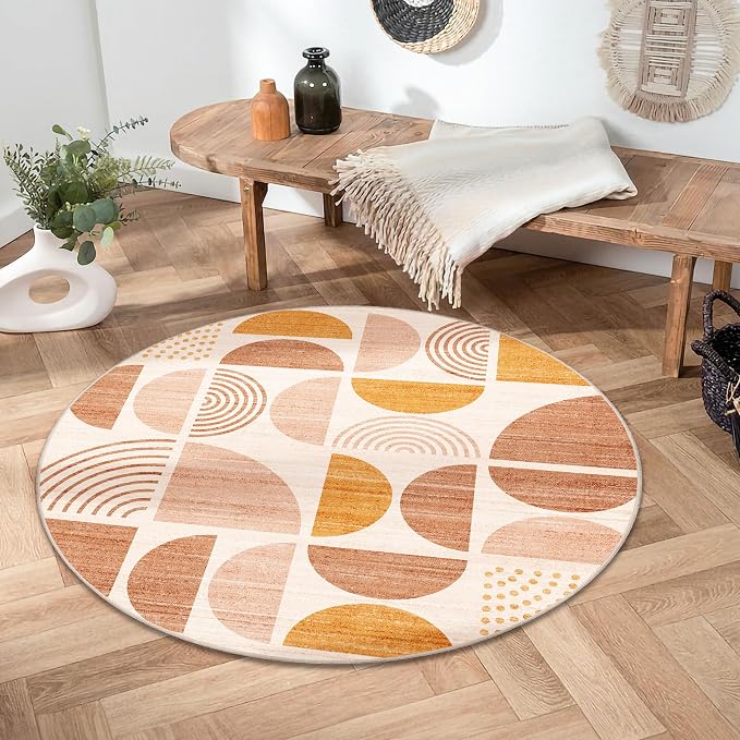 Round Rug 4ft Small Circle Area Rug Washable Non Slip Modern Abstract | Circular Rugs for Entryway Bedroom Kitchen Boho Throw Carpet Soft Low Pile Floor Indoor Bohemian Orange