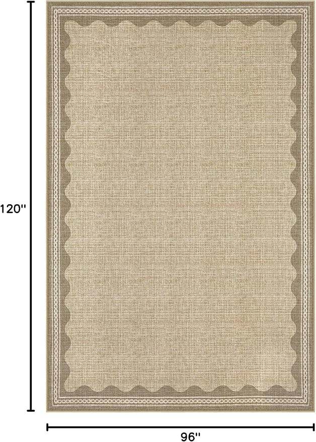 GarveeHome Scalloped Washable 8x10 Rug for Living Room Non-Slip Solid Tan Jute Digital Printing Modern Low-Pile Carpet 8 x 10 Rug for Bedroom Dining Nursery Mat with Rubber Back