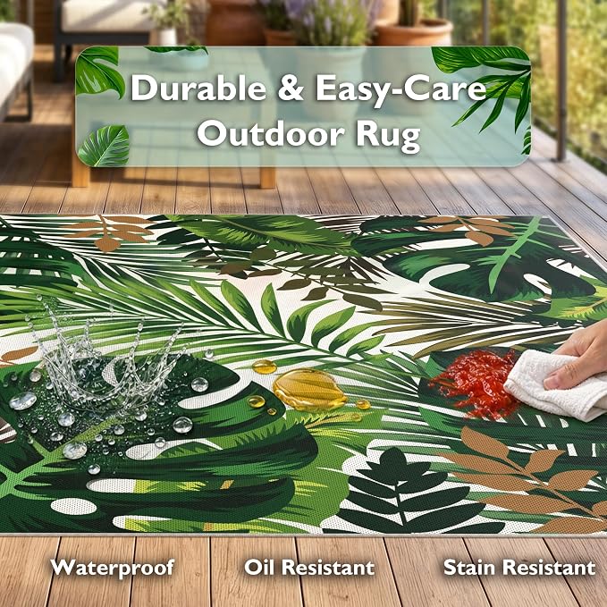Arenarug 4x6 Monstera Tropical Outdoor Rug – Waterproof Non-Slip Machine Washable Patio Rug, UV & Stain Resistant Outdoor Carpet for Patio Deck Balcony Backyard, Green