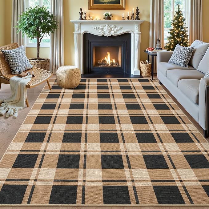 Checkered 6x9 Area Rugs, Jute Rug for Indoor Outdoor, Black/Brown | Washable Jute Area Rug With Non-Slip Backing, Low-Pile Texture, Farmhouse Geometric Pattern In Neutral Brown/Black, Durable