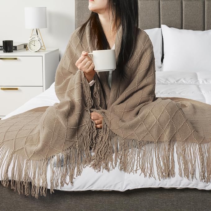 PAVILIA Tan Taupe Knit Throw Blanket for Couch, Twin Bed, Soft Knitted Farmhouse Sofa Throw for Living Room, Lightweight Decorative Fall Blanket for Chair, Outdoor Textured Boho Blanket, 60x80