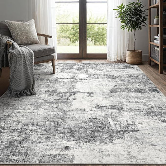 DMOYEST 7x9 Area Rug for Living Room Washable Abstract Indoor Carpet | Neutral Modern Low Pile Rugs Kid & Pet Friendly Large Soft Thin Carpet for Bedroom Dining Room and Office - Grey