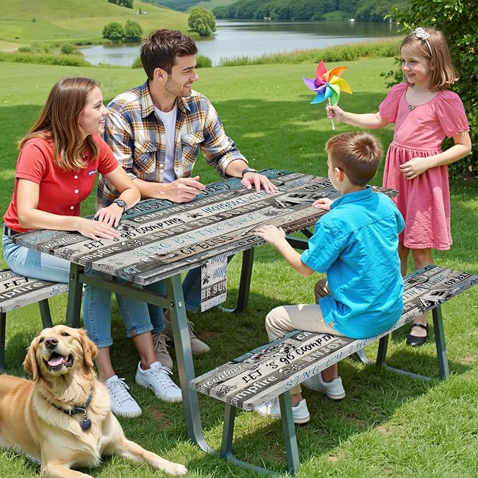 Picnic Table Cover with Bench Covers Elastic,Fitted Table Cloths for Rectangle Tables 6 Foot Washable,Waterproof Tablecloth for Outdoor Camping Essentials (Vintage Blue, 8 Foot)