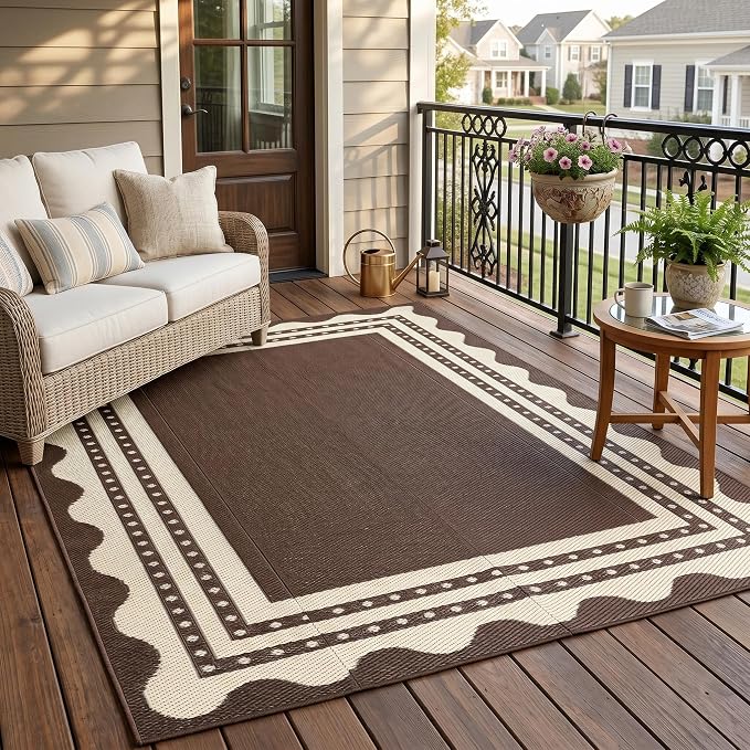 IDEALHOUSE Waterproof Outdoor Rug 9x12 for Patio, Reversible Modern Area Rug, Large Plastic Straw Mat for Camping, RV, Porch, Backyard, Deck, Picnic, Beach, Brown & Beige