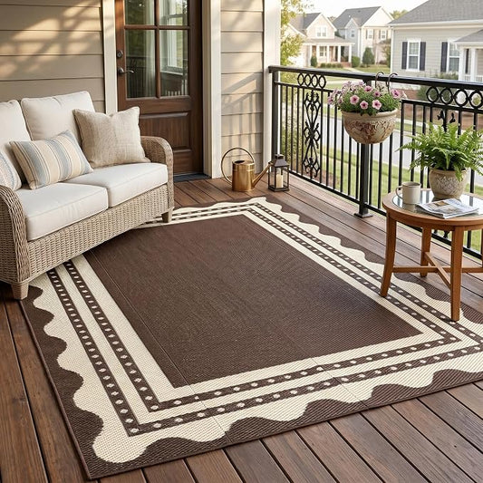 IDEALHOUSE Waterproof Outdoor Rug 9x12 for Patio, Reversible Modern Area Rug, Large Plastic Straw Mat for Camping, RV, Porch, Backyard, Deck, Picnic, Beach, Brown & Beige