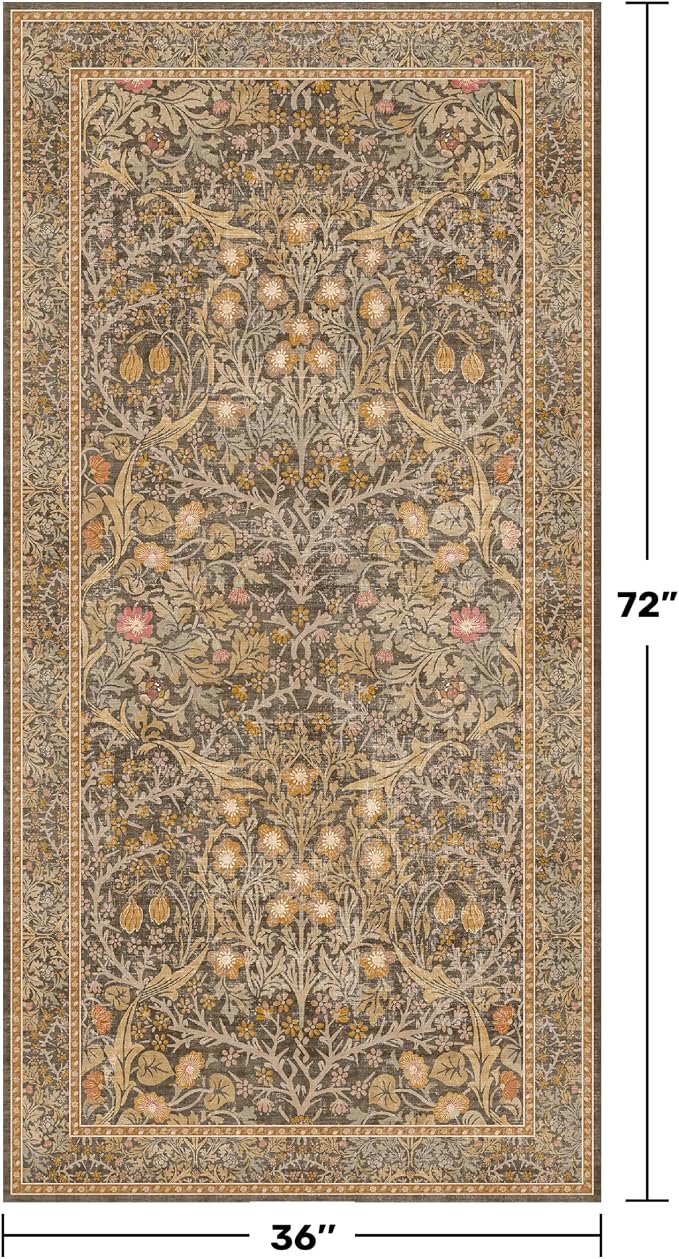 Vintage Brown 3x6 Runner Rugs for Large Entryway, Bedroom Bedside Rug, Kitchen, Laundry Room, Non-Slip Low Pile Ultra Soft Stain Resistant Small Floral Carpet