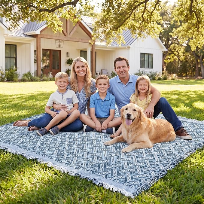 70x70 Bohemian Picnic Mat Extra Large, Sand Proof Outdoor Camping Blanket Machine Washable, Lightweight Portable Travel Tarp for 5-7 Adults Beach Park Grass (Green-T-Grid)