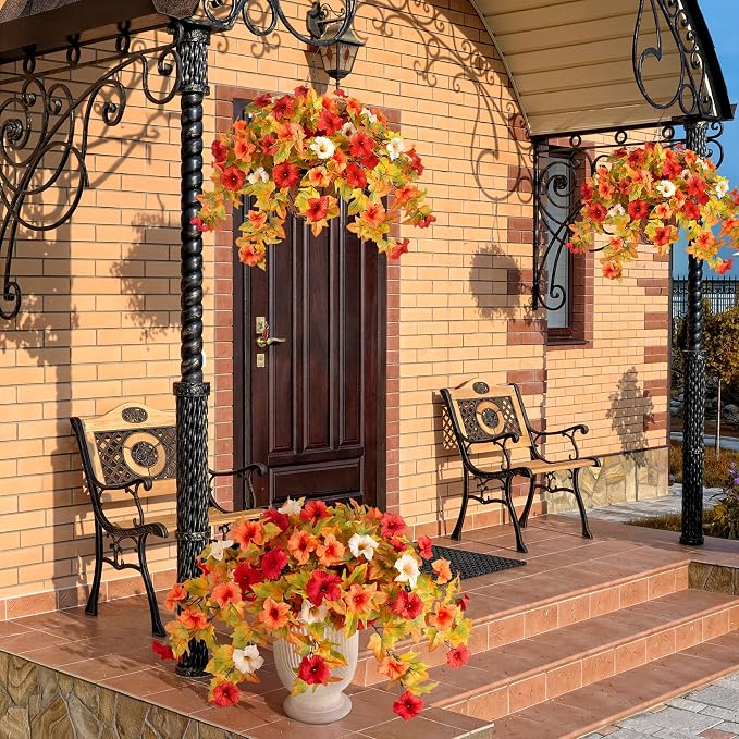 Ammyoo Artificial Fake Fall Flowers with Hanging Basket Plants for Outdoor Decoration, Silk Faux Flower UV Resistant Petunias for Home Porch Patio Garden Balcony Yard Decor Real Looking(Orange White)