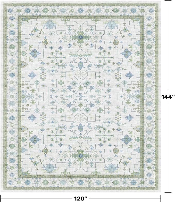 Washable Rugs for Living Room 10x12 - Cream Blue and Green Oriental Floral Geometric, Low Pile Non Slip Extra Large Area Rug for Dining Under Table, Bedroom, Lounge