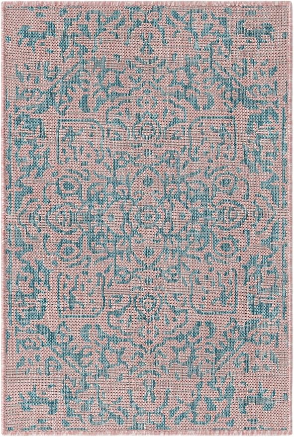 Unique Loom Jill Zarin Jill Zarin Outdoor Collection Area Rug - Dubai (2' 2" x 3' 1" Rectangle, Pink and Aqua/Light Blue)