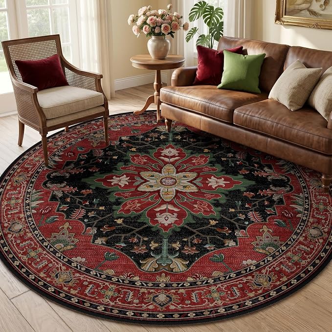 RELEANY Washable Area Rug, Round 6ft, Red/Black | Non-Slip, Water Repellent, Pet Friendly, Easy to Clean, Vintage Floral Boho Decor for Living Room Bedroom Dining Room