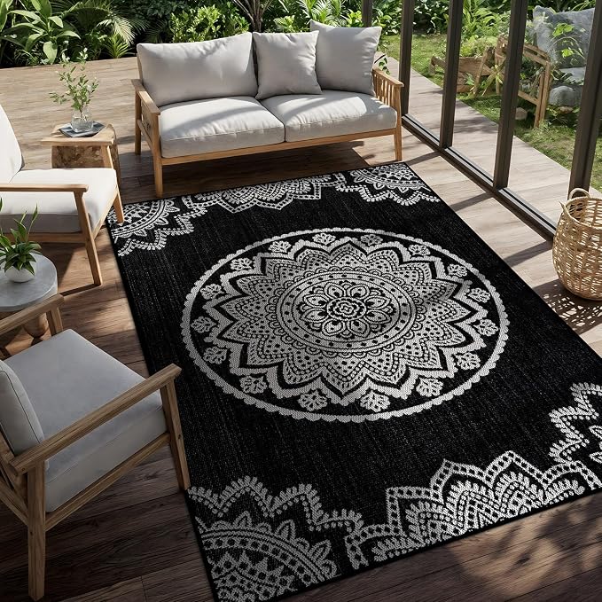 CAMILSON Outdoor Rug 9x12 Modern Large Area Rugs for Indoor and Outdoor Patios and Porches - Waterproof Washable Non-Shedding Easy-to-Clean Outside Carpet (9 x 12 Medallion - Black/White)