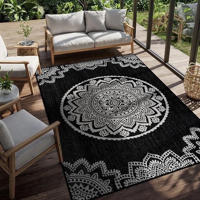CAMILSON Outdoor Rug 10x14 Modern Large Area Rugs for Indoor and Outdoor Patios and Porches - Washable Non-Shedding Easy-to-Clean Outside Carpet (10 x 14 Medallion - Black/White)