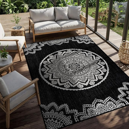 CAMILSON Outdoor Rug 6x9 Modern Area Rugs for Indoor and Outdoor Patios and Porches - Waterproof Washable Non-Shedding Easy-to-Clean Outside Carpet (6 x 9 Medallion - Black/White)