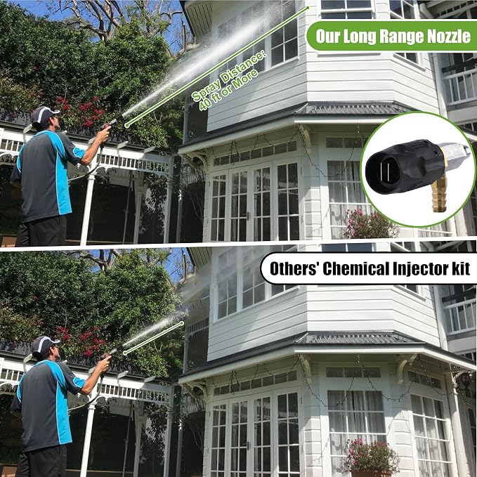 FIXFANS Adjustable Long Range Downstream Injection Nozzle Kit 4-4.5 GPM, 15FT Braid Hose, Pressure Washer Spray Nozzle, Power Washing External Chemical Injector, 1/4” Quick Connect, 2500 to 4000 PSI