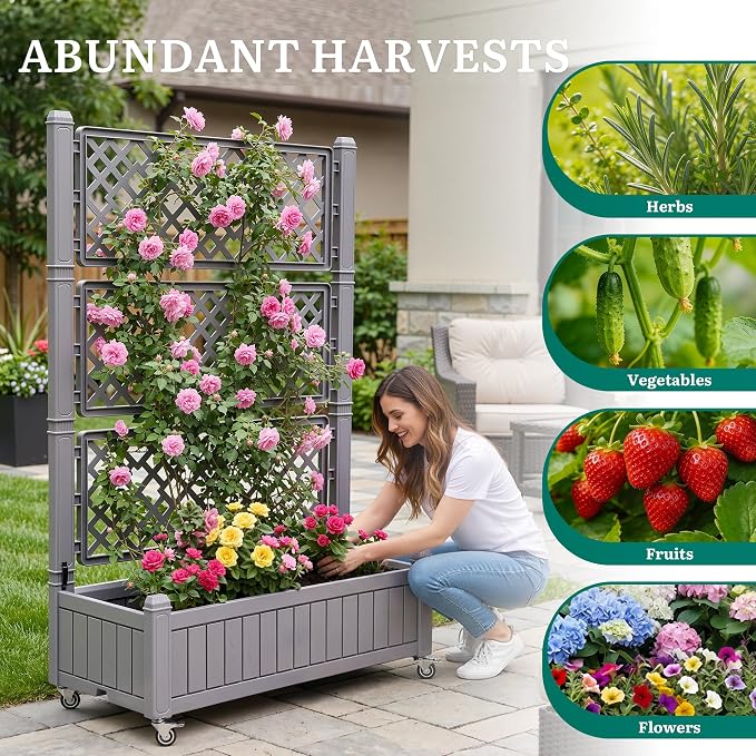 YITAHOME 3.6x1.5x5 FT Planter Box Trellis with Wheels, Large Outdoor Plastic Raised Garden Bed with Drain Plug for Climbing Plants, Light Brown