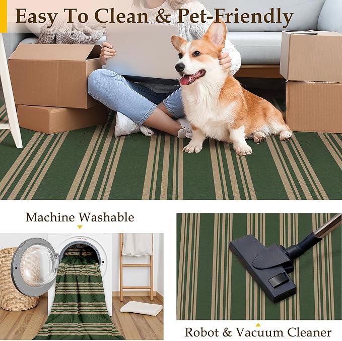 PureCozy Striped Easy Jute Rug 3x5 Green Entryway Carpet Washable Non Slip Office Door Mat Farmhouse Neutral Non Shedding Small Indoor Outdoor Rug for Bathroom Kitchen Bedroom Living Room