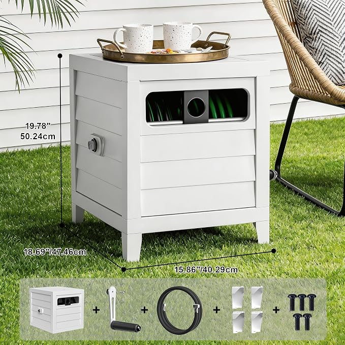 Metal Garden Hose Reel Box, Heavy Duty 150Ft 5/8" Large Capacity Hose Storage Deck Box with Hose Guide, 6Ft Leader Hose, Leak-Proof Aluminum Water Connection, Manual Crank Handle Easy Essemble (White)