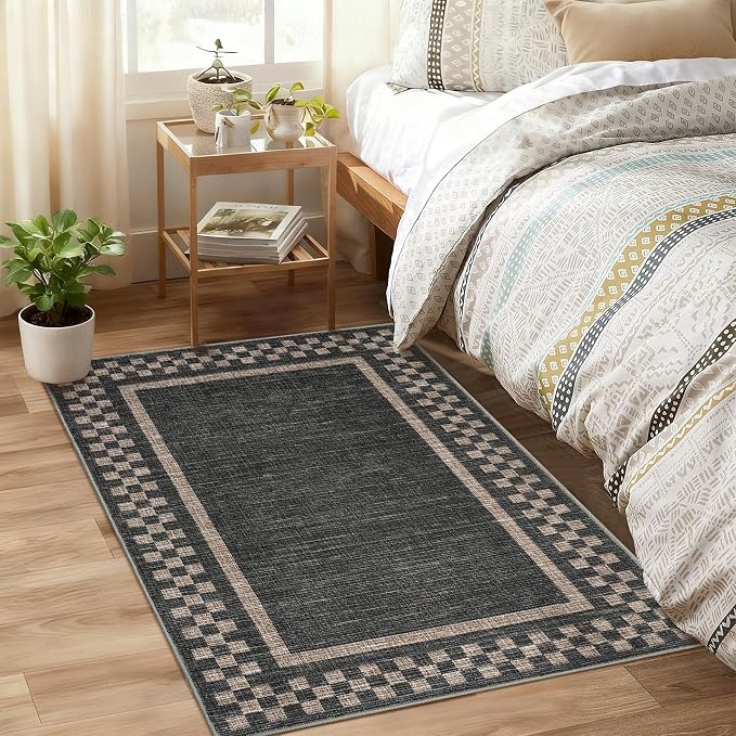 GarveeHome Small Washable Area Rug 2x3 Checkered Entry Kitchen Rug | Solid Color Scalloped Modern Bedroom Doormat Non Slip Stain Resistant Bordered Throw Carpet for Living Room Nursery, Black