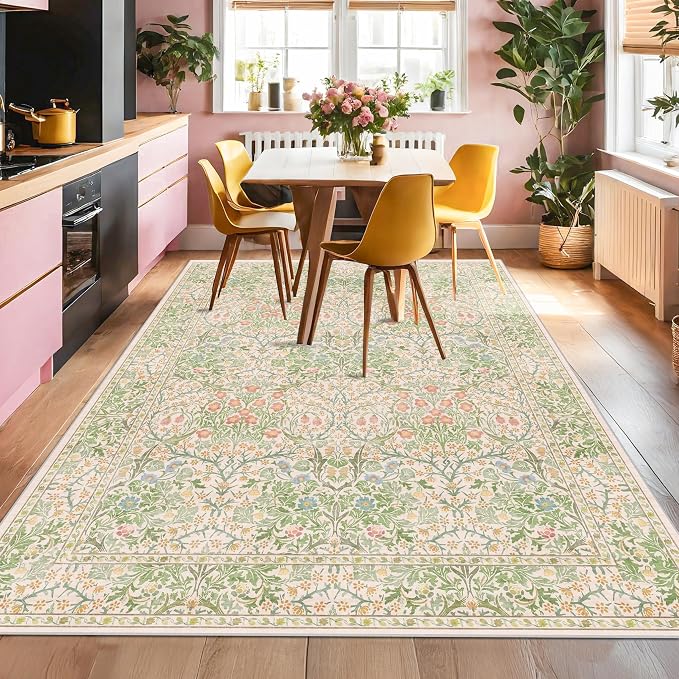 Light Beige Green Living Room Rug, 6x8 Washable Area Rug for Kids Room, Bedroom, Nursery Room, Living Room, Dining Room, Low Pile Non-Slip - Vintage Design & Stain Resistance